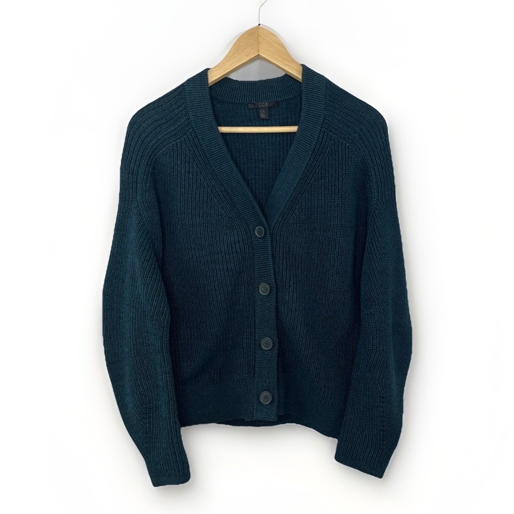 COS Cardigan Sweater Blue Green Shaker Knit XS Relaxed Coastal *Runs Large